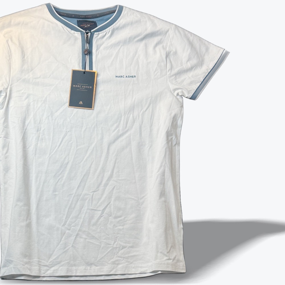 Marc Asher Mens Henley Shirt‎  White Blue Trim Short Sleeve Size Small
